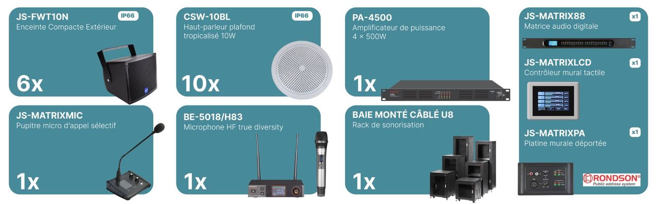 Exemple de système de sonorisation Rondson installé dans une piscine pour la diffusion d'annonces et de musique d'ambiance.