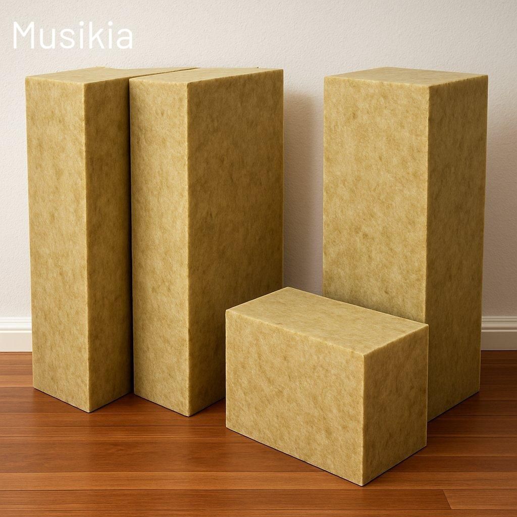 Bass traps en laine minérale dans les angles d’une pièce de mixage pour une meilleure acoustique.