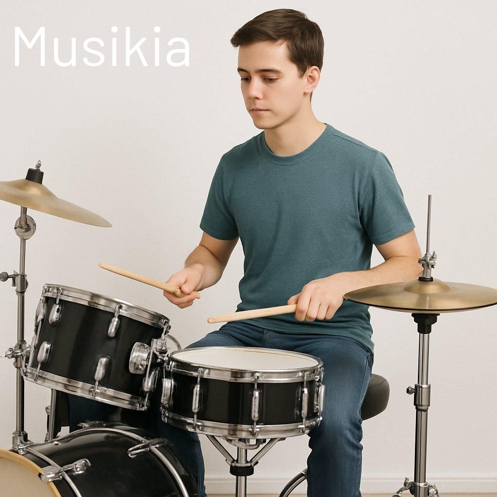 Batteur débutant en posture correcte, jouant sur une batterie adaptée pour éviter les erreurs fréquentes.
