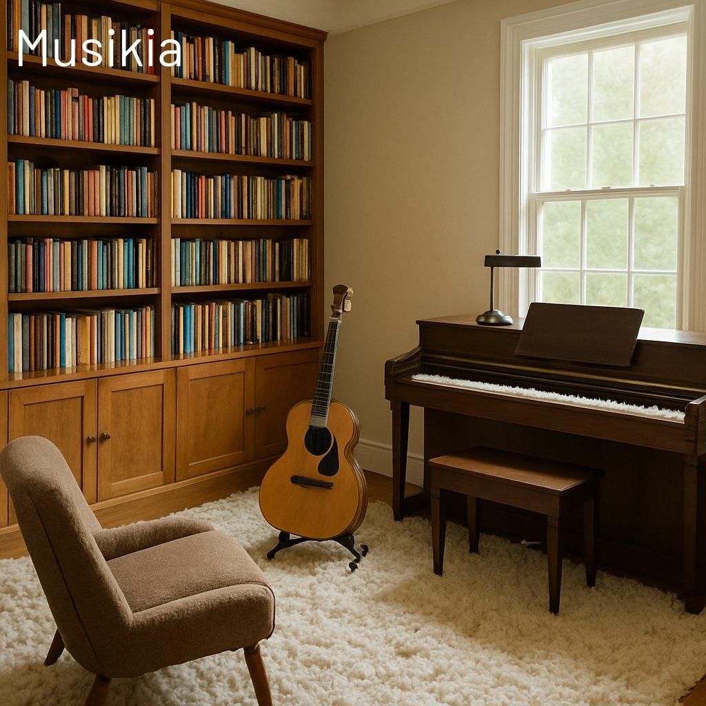 Bibliothèque garnie de livres et tapis épais dans une music room pour une meilleure acoustique naturelle.