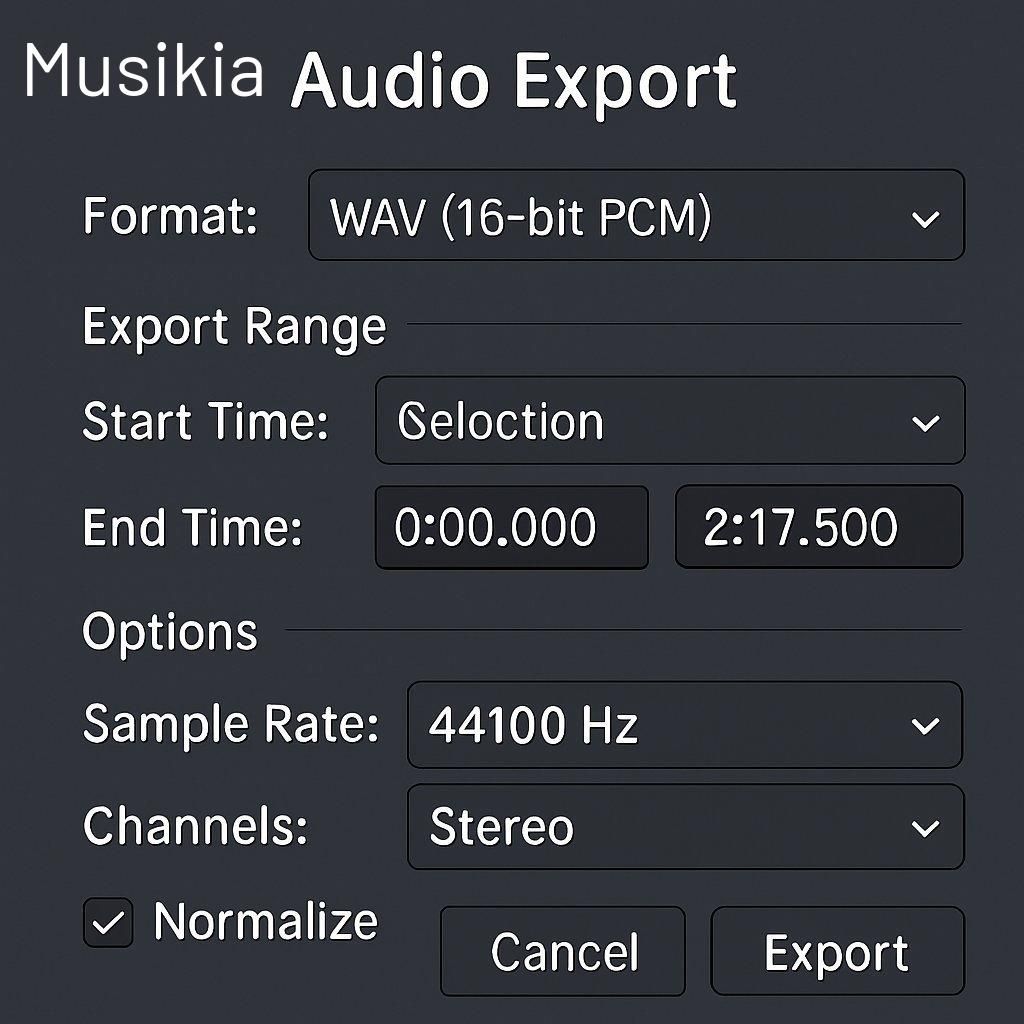 Capture d'écran d'un logiciel DAW montrant la fenêtre d'exportation audio avec différents formats et réglages, illustrant l'audio export software.