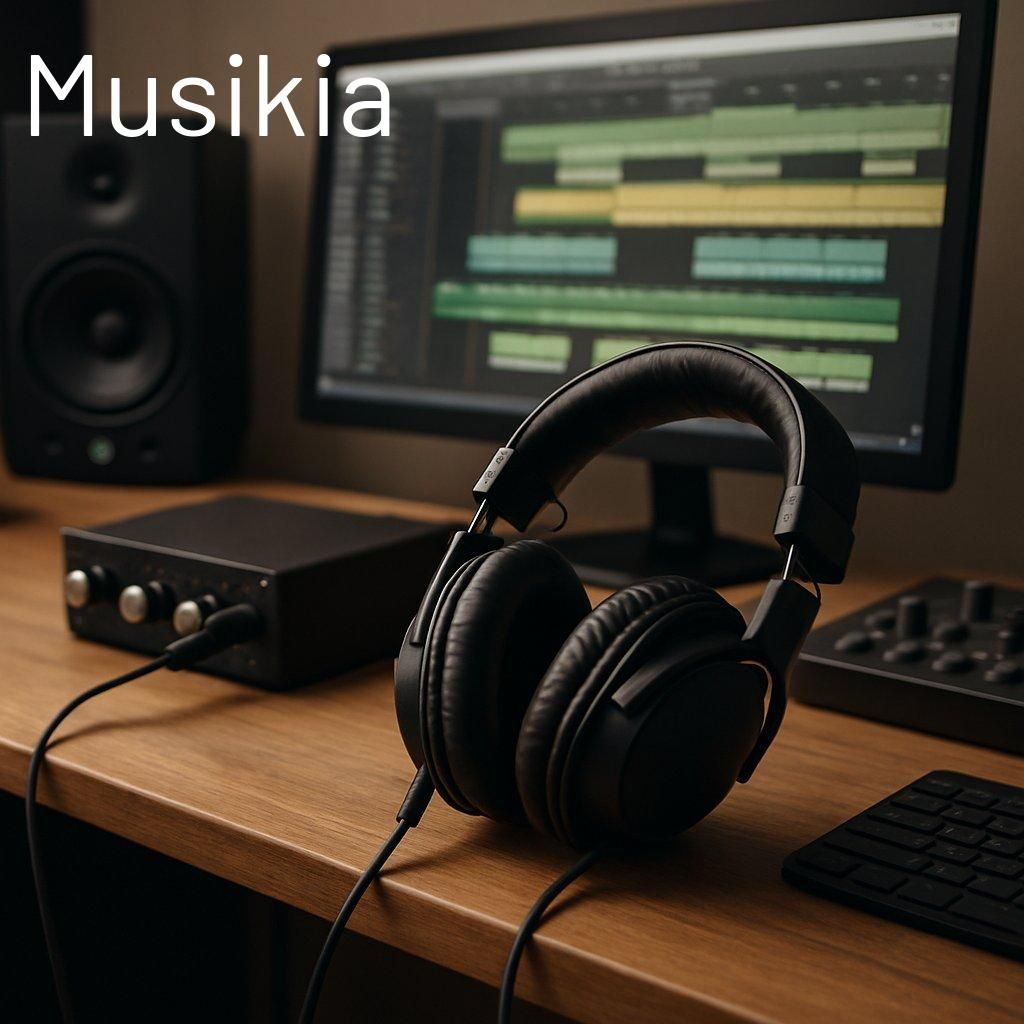 Casque Audio-Technica ATH-M20x dans un setup home studio headphones setup avec interface audio et micro.