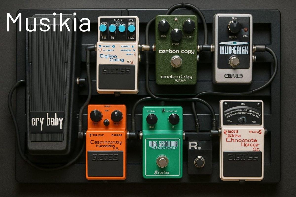 Chaîne de pédales d’effets pour guitare bien organisée sur un pedalboard, prête pour enrichir sa palette sonore.