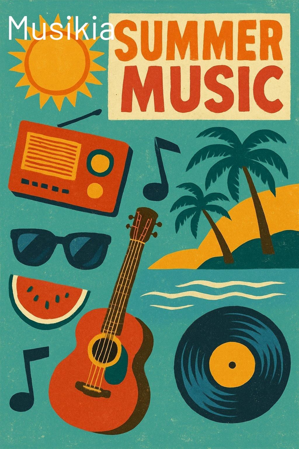 Collage d’artistes et symboles musicaux estival pour la playlist Musikia été 2025, un incontournable summer music collage.