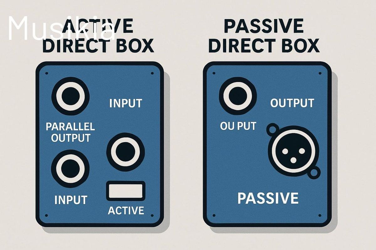 Comparaison entre une direct box audio active et passive avec exemples de connexions live et studio.