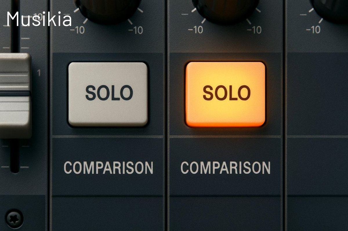 Comparaison visuelle des commandes Solo sur un audio mixer analogique et une interface numérique moderne.