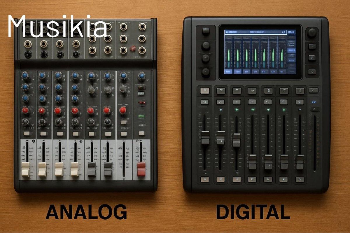 Comparaison visuelle entre une table de mixage analogique et un mixer digital moderne, illustrant leurs différences.