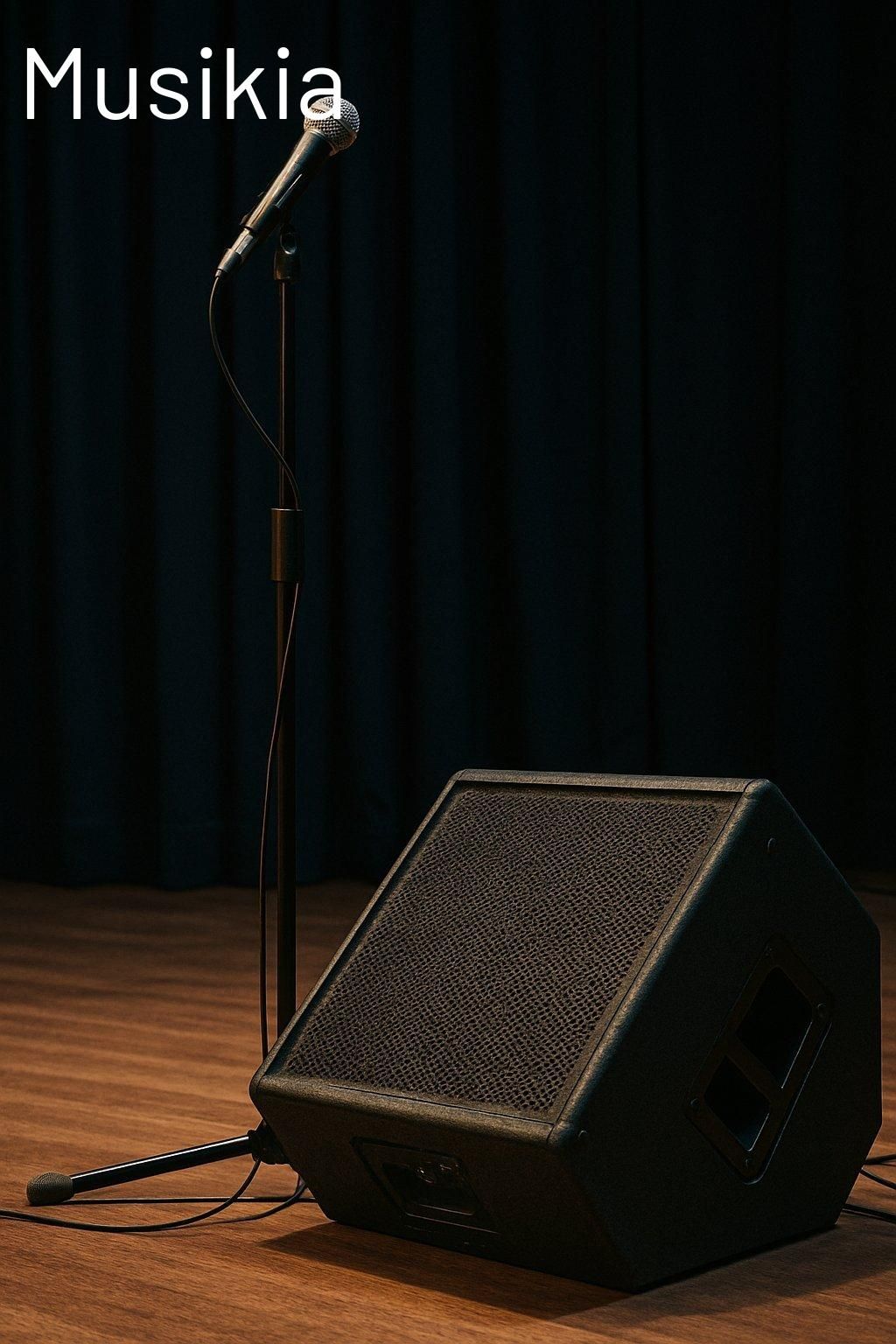 Configuration microphone et enceinte sur scène pour éviter le feedback lors d'un stage microphone speaker setup.
