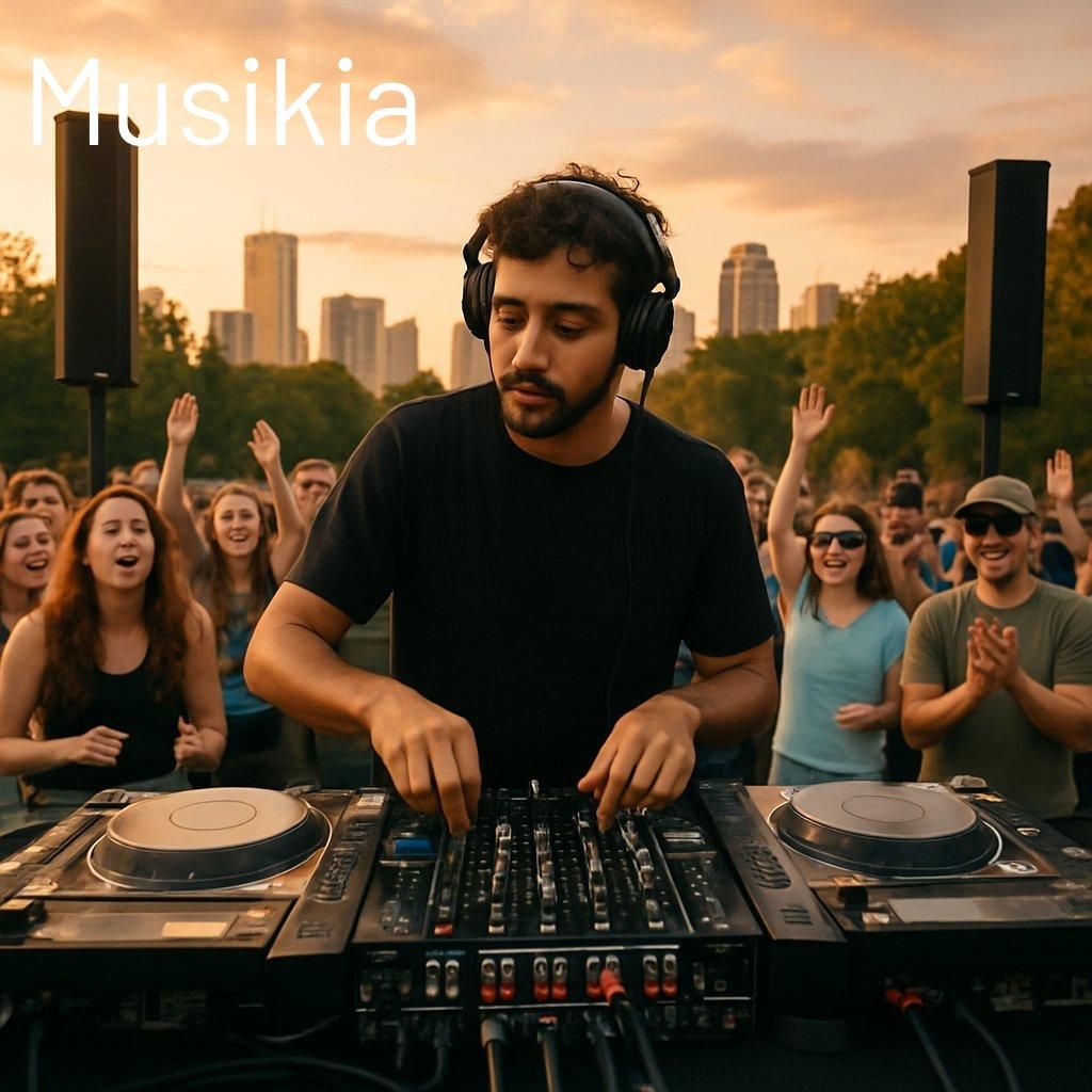 DJ en extérieur lors d'une performance outdoor DJ performance avec une enceinte portable active.
