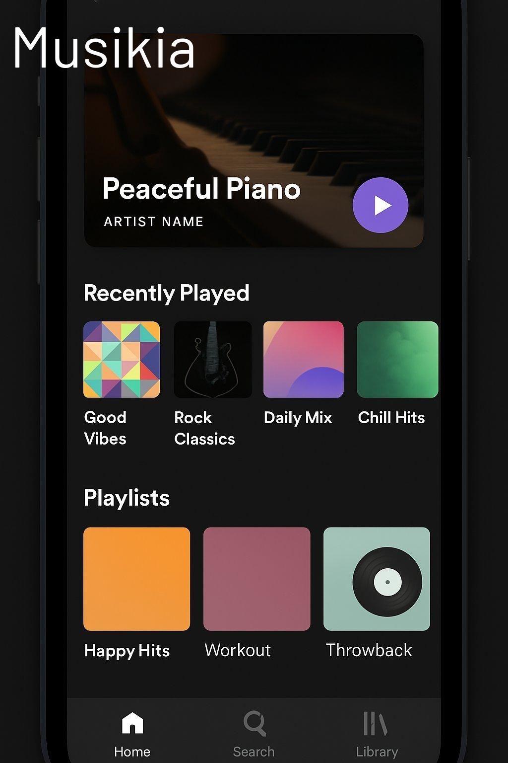 Écran d’une music streaming app screen sans actualités, illustrant l'interface moderne et épurée.