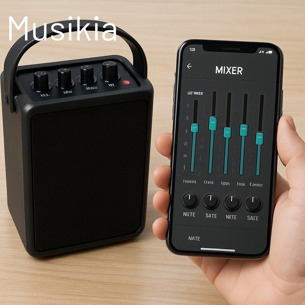Ensemble de haut-parleurs portables avec mixeur intégré et contrôle via app mobile pour une sonorisation facile.