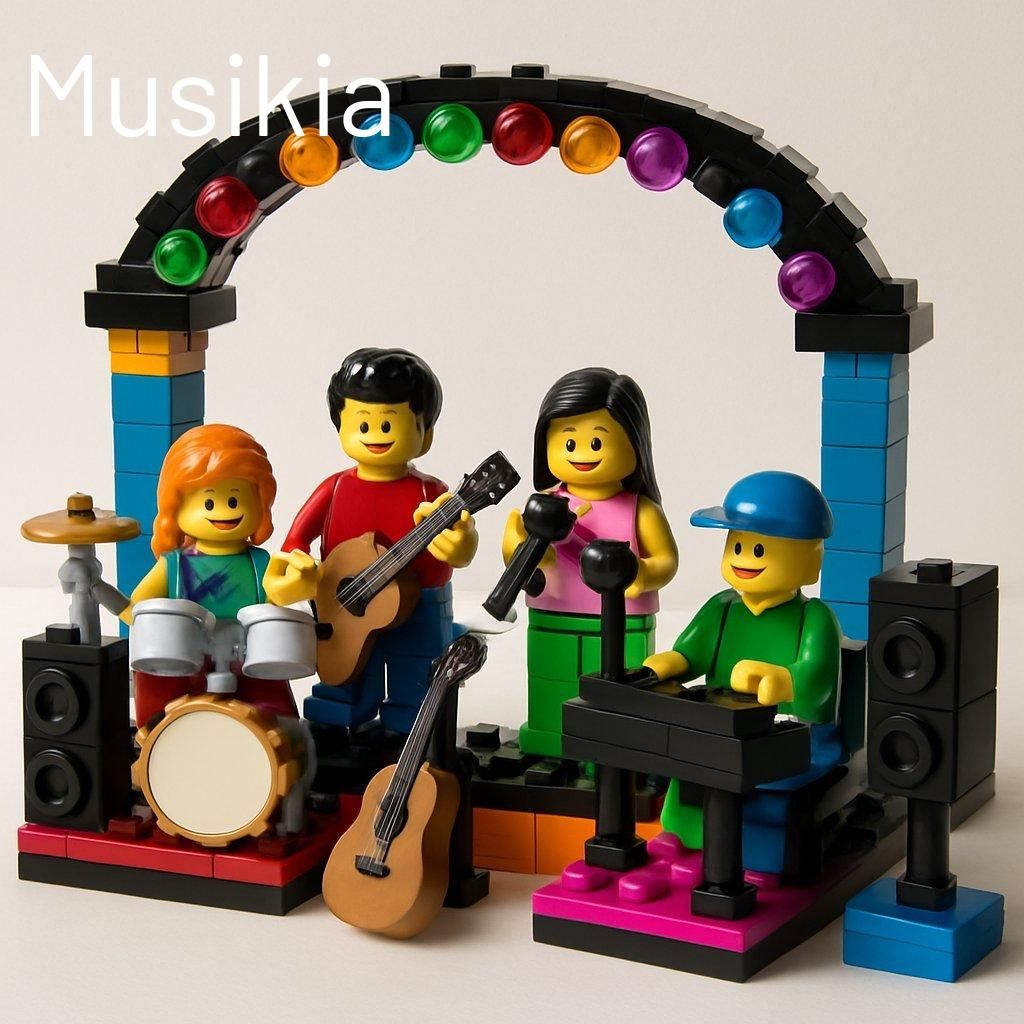 Ensemble de LEGO musical set avec radio rétro, quartet de jazz et guitare Fender Stratocaster.