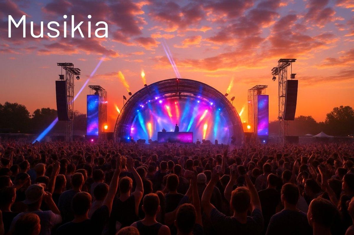 Festival de musique électronique en plein air avec scène lumineuse et foule enthousiaste.