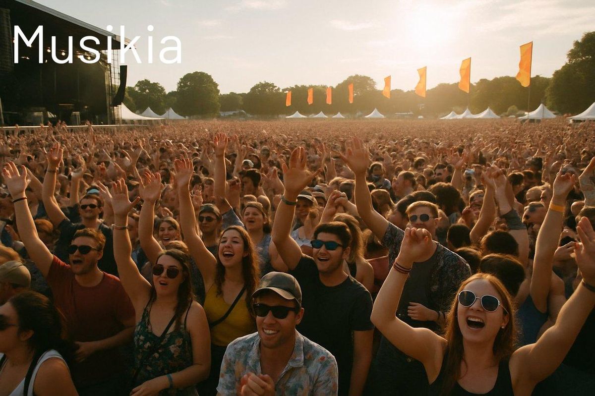 Foule diverse lors d'un outdoor music festival en France, scène principale en arrière-plan.