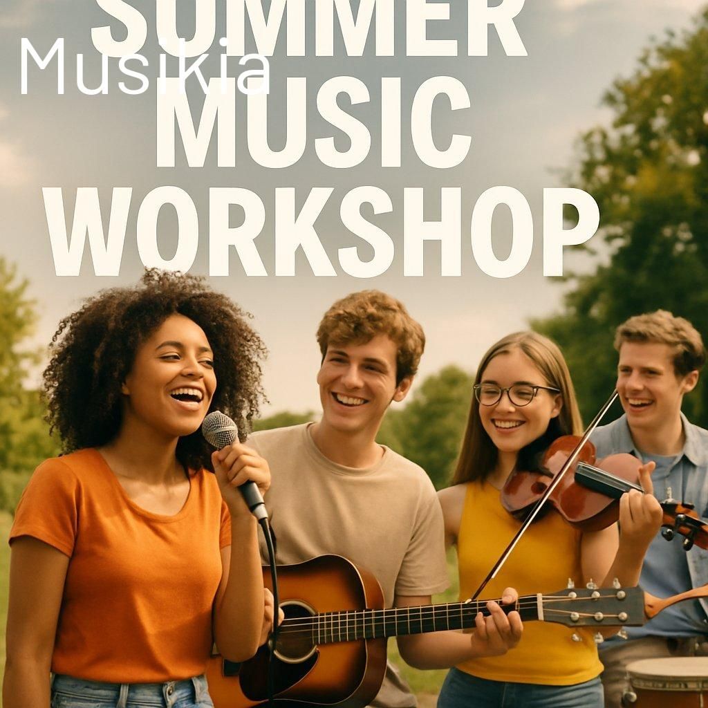 Groupe de jeunes musiciens lors d’un summer music workshop d’été, ambiance dynamique et pédagogique.
