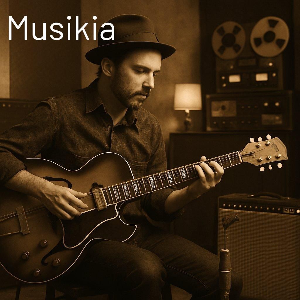 Guitariste en studio avec une guitare vintage, ambiance rétro et sonorités authentiques.