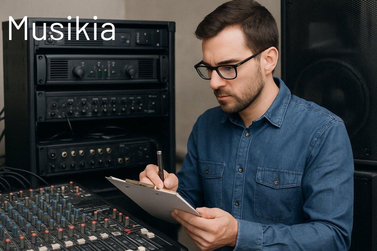 Inspection minutieuse d'un technicien effectuant une vérification d'équipement audio d'occasion dans un studio.