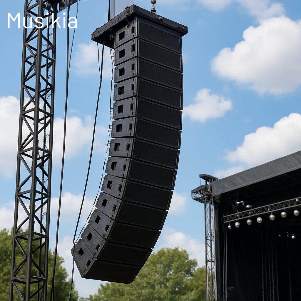 Installation d'enceintes line array pour un outdoor concert, garantissant une sonorisation immersive en plein air.