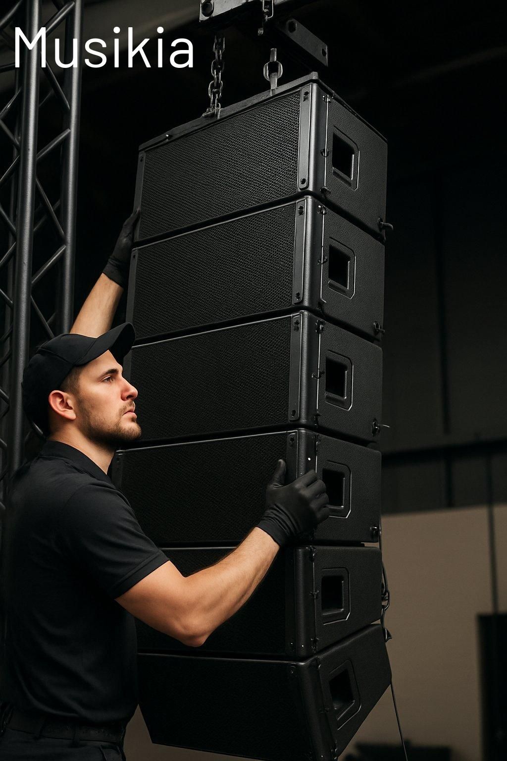 Installation professionnelle de sonorisation pour salle de concert, avec amplificateurs et enceintes performantes.