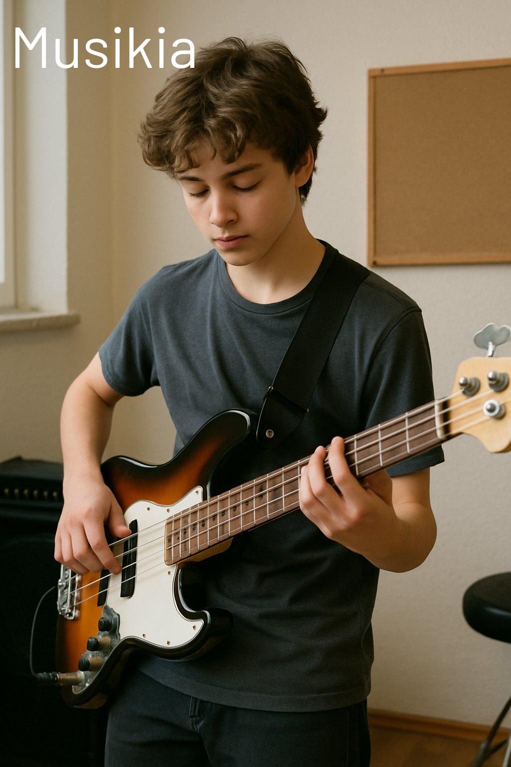 Jeune bassiste débutant pratique sur une basse ergonomique, idéal pour apprendre des rythmes simples.