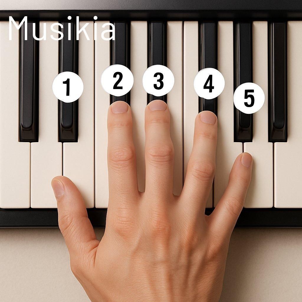 Main droite au piano avec doigts numérotés, illustrant la position de départ pour débuter le piano.