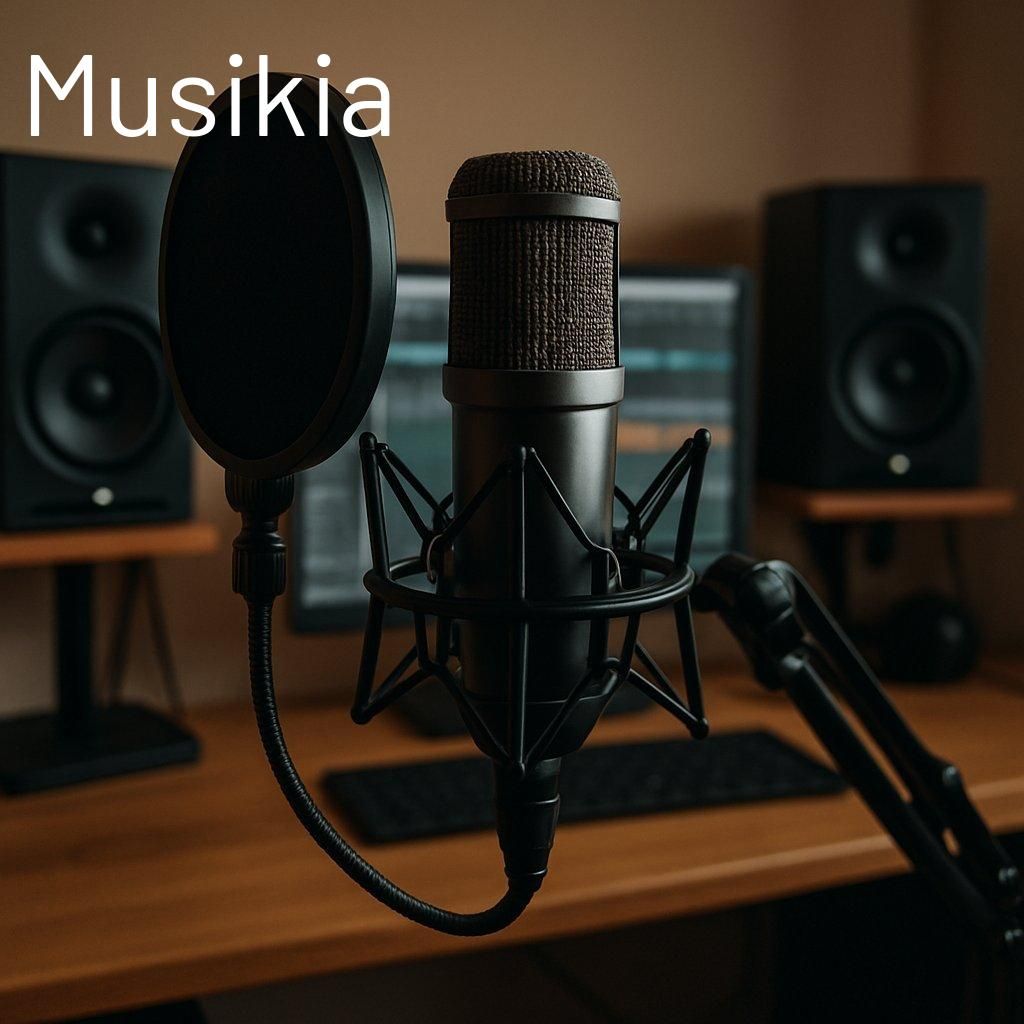 Microphone à condensateur pour home studio, équipé d’un filtre anti-pop et panneau acoustique.