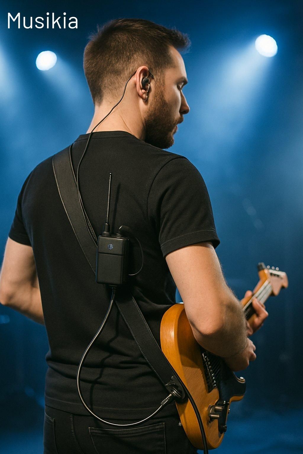 Musicien ajustant son système sans fil pour scène avec accessoires anti-interférences lors d'un concert.
