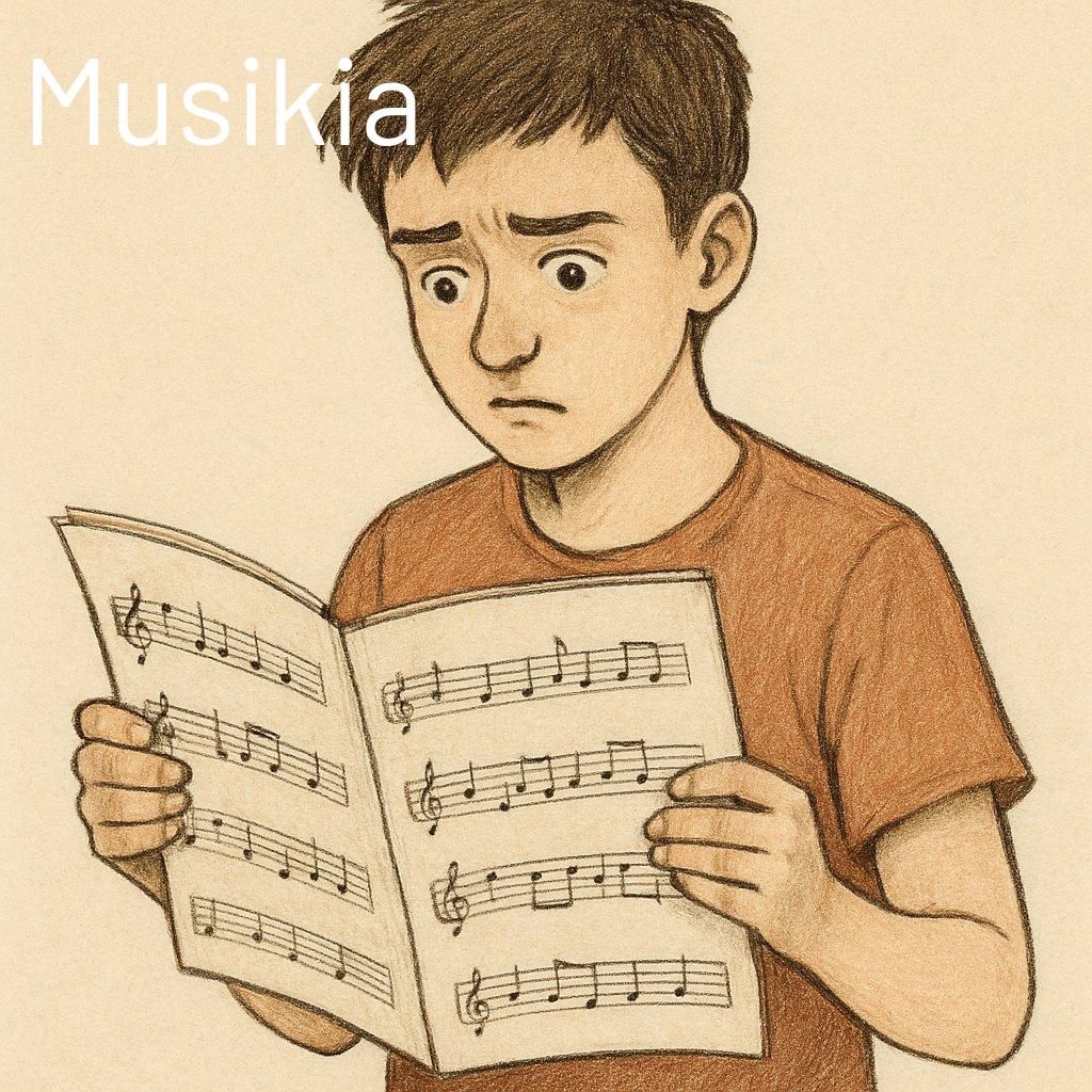 Musicien débutant lisant une partition simple avec métronome et annotations pour progresser efficacement.