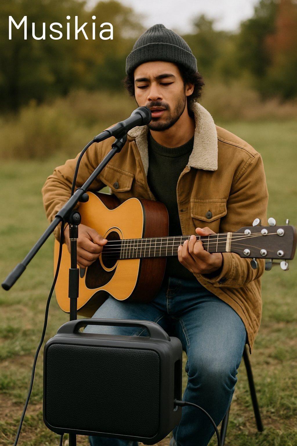 Musicien en extérieur utilisant une enceinte portable robuste Yamaha Stagepas 100 BTR, idéale pour outdoor musician.