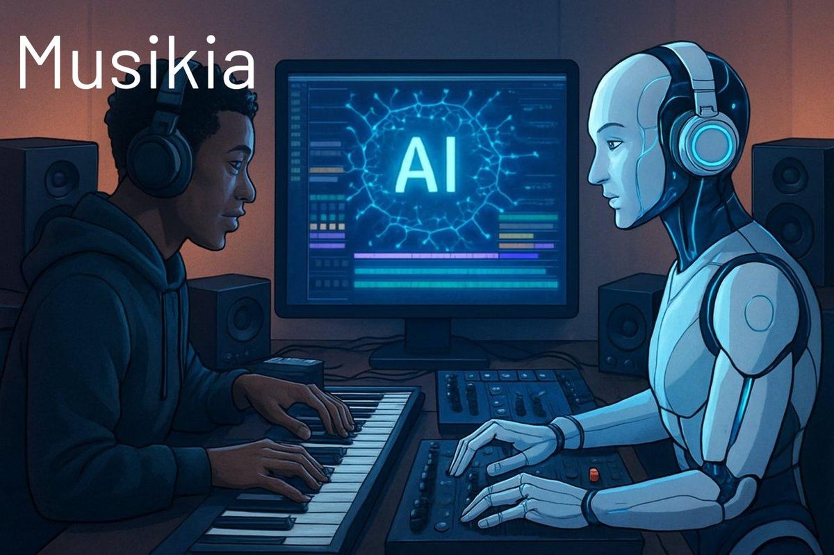 Musicien en studio collaborant avec une intelligence artificielle pour la création musicale innovante.