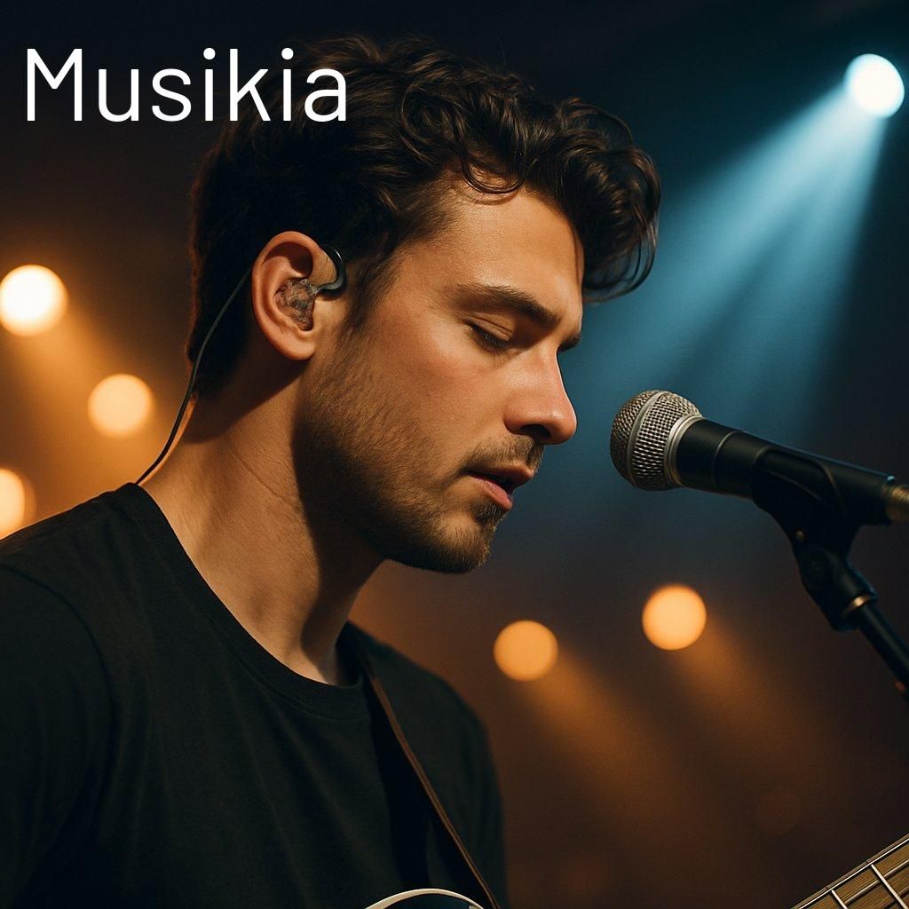 Musicien utilisant des in-ear monitors sur scène avec émetteur sans fil, face aux wedges traditionnels.