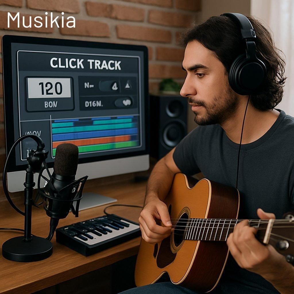 Musicien utilisant une home studio click track avec écouteurs intra-auriculaires pour une précision optimale.
