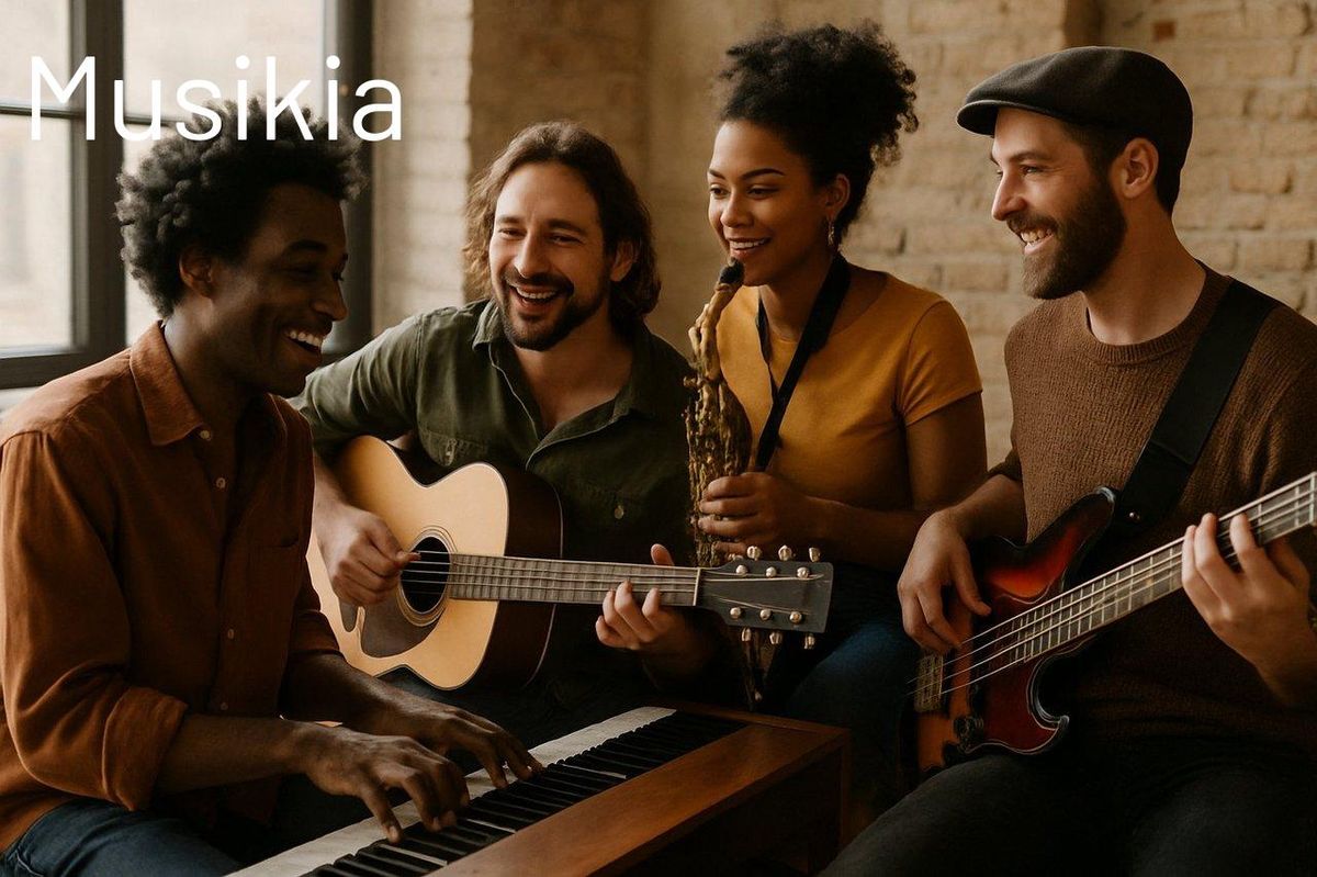 Musiciens lors d'une jam session, concentrés sur l’écoute et la réponse harmonique pour développer leur oreille.