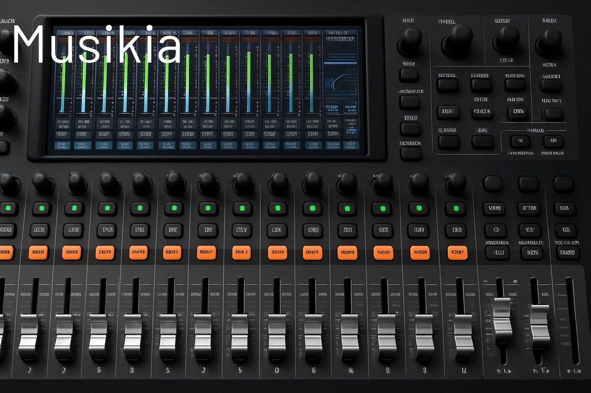 Panel de mixer audio numérique avec sections bus et matrice visibles, essentiel en sonorisation professionnelle.