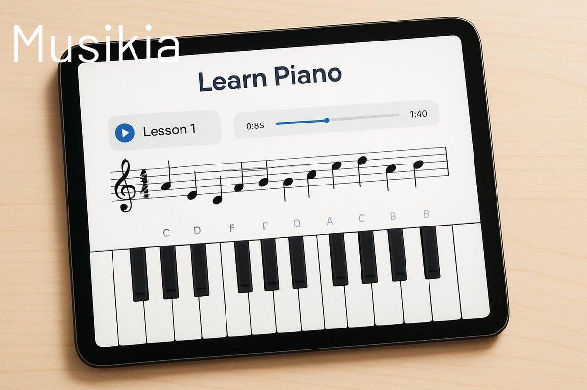 Personne utilisant une application de piano learning app tablet avec notes tombantes pour débutants.