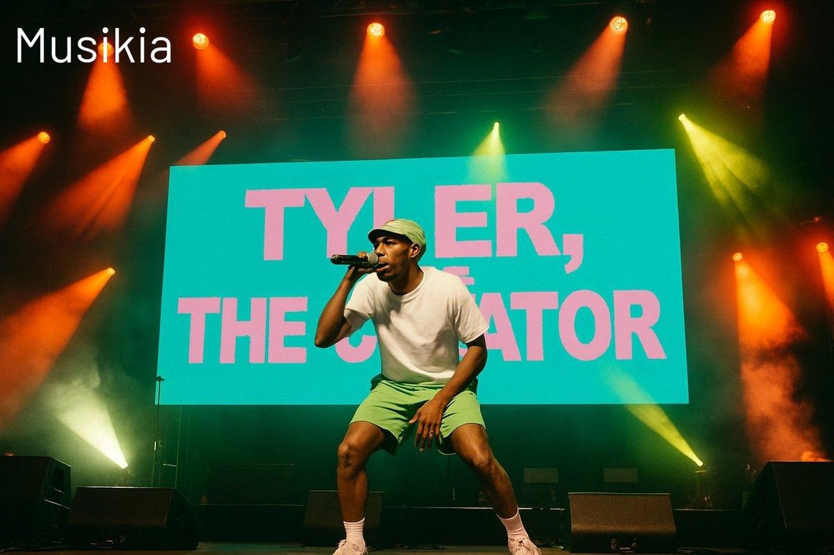 Photo de groupe sur scène de Tyler, The Creator lors d’un concert dynamique avec éclairages estivaux.