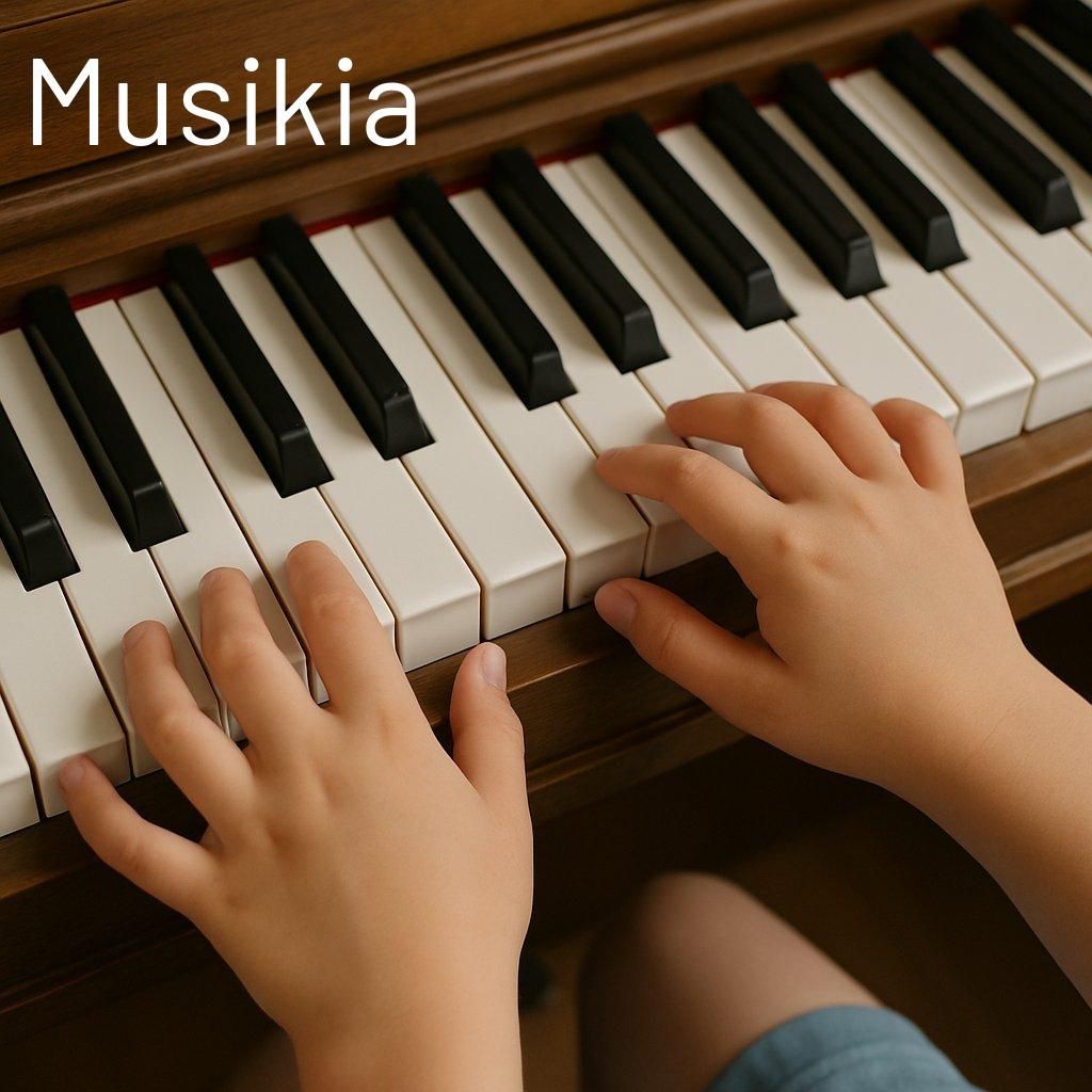 Pianiste débutant jouant avec les deux mains, mettant en pratique la coordination et la posture.