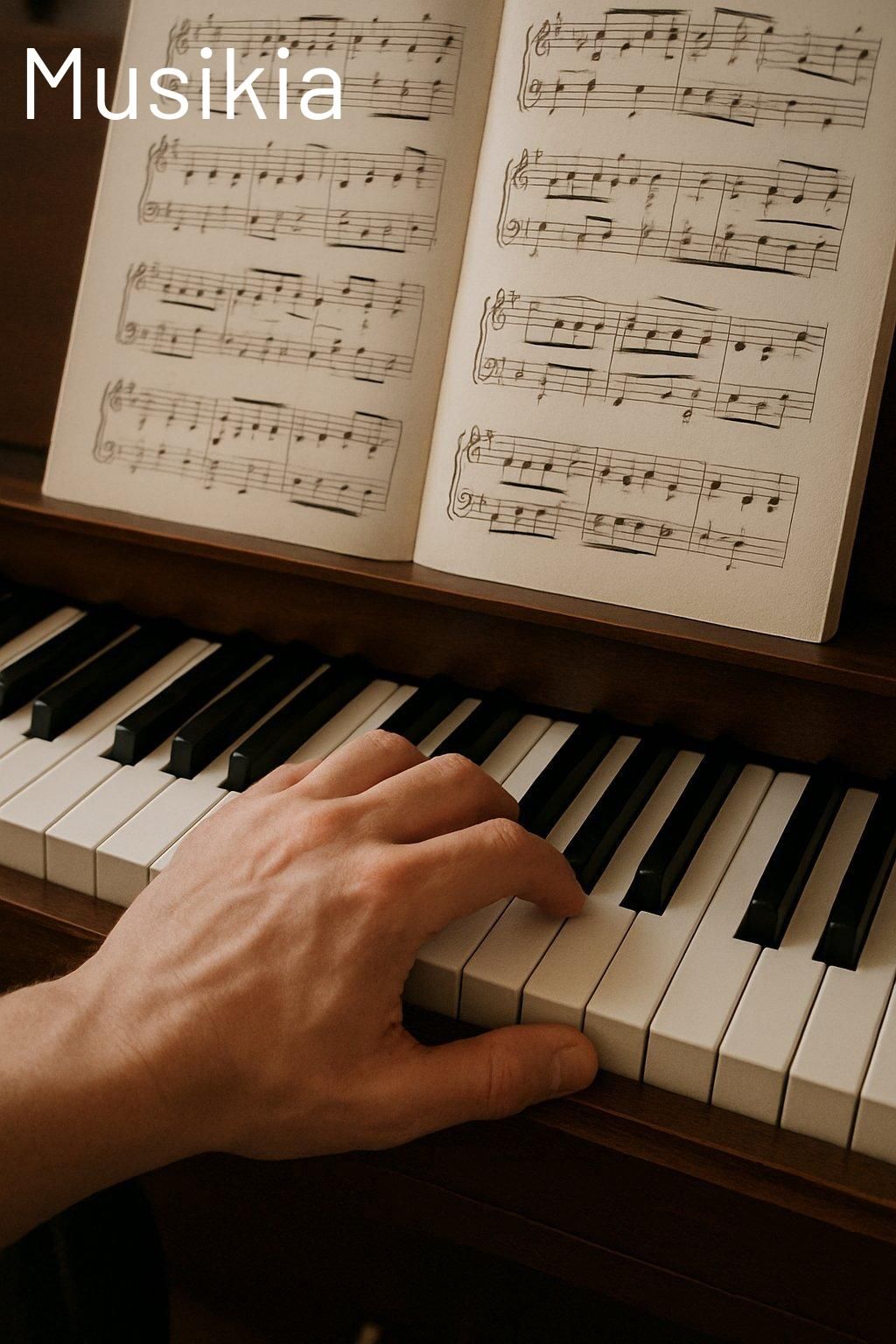 Pianiste pratiquant les gammes à la main gauche pour améliorer la technique, avec un métronome.