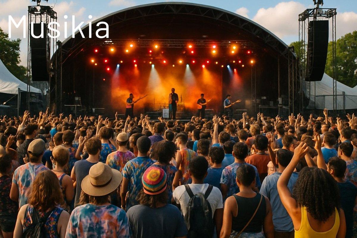 Scène de festival avec une scène dynamique et une foule diverse et connectée, illustrant les tendances musicales 2025.