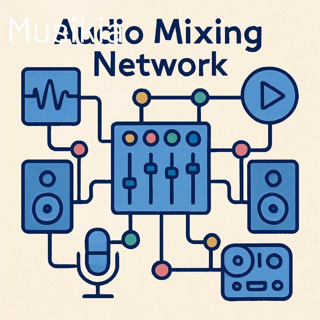 Schéma d'un audio mixing network illustrant l'interconnexion des équipements de sonorisation professionnels.