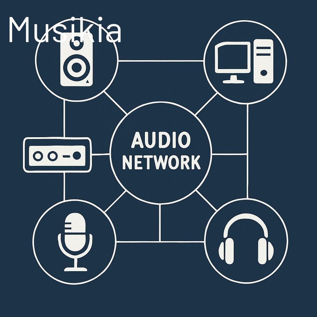 Schéma illustrant un réseau audio avec intelligence artificielle intégré dans un diagramme audio network diagram AI.