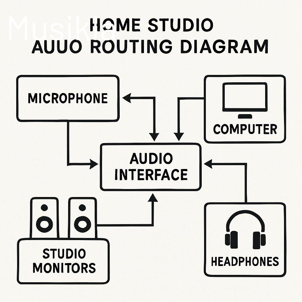 Schéma simplifié d’un home studio audio routing diagram illustrant la gestion des signaux.