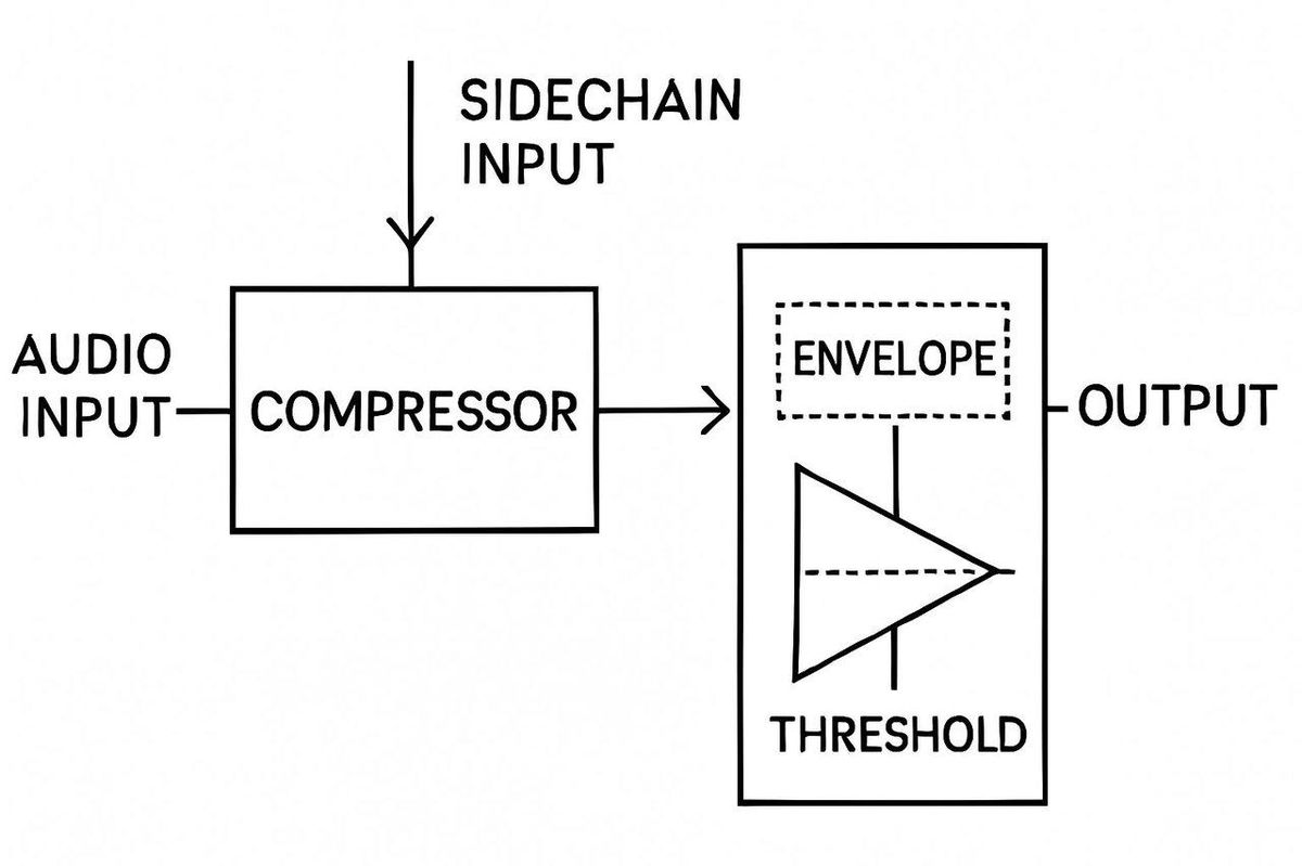 Schéma simplifié d’un sidechain compressor illustrant le signal déclencheur et le signal compressé.