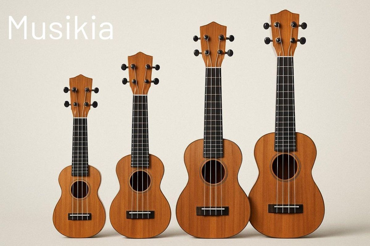 Ukulele different sizes : soprano, concert et ténor, illustrant la diversité des modèles accessibles pour débutants.