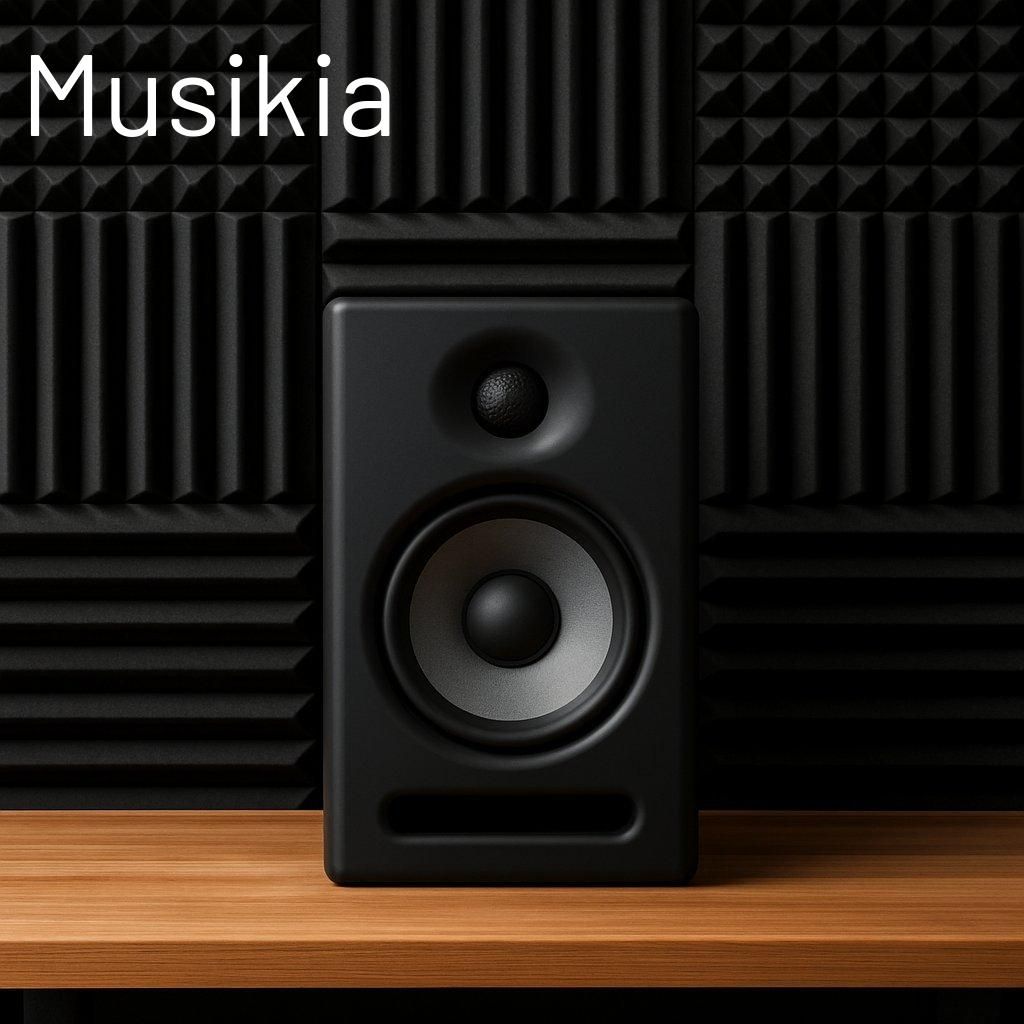 Un studio monitor speaker placé sur un bureau avec traitement acoustique pour une écoute précise.