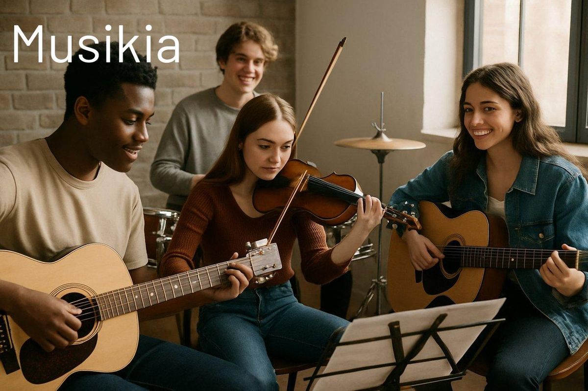 Une session de group music practice lors d'un atelier collectif, favorisant motivation et convivialité.