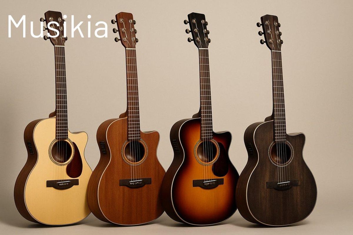 Variété de guitares électro-acoustiques, formes et essences de bois pour tous les styles de jeu.