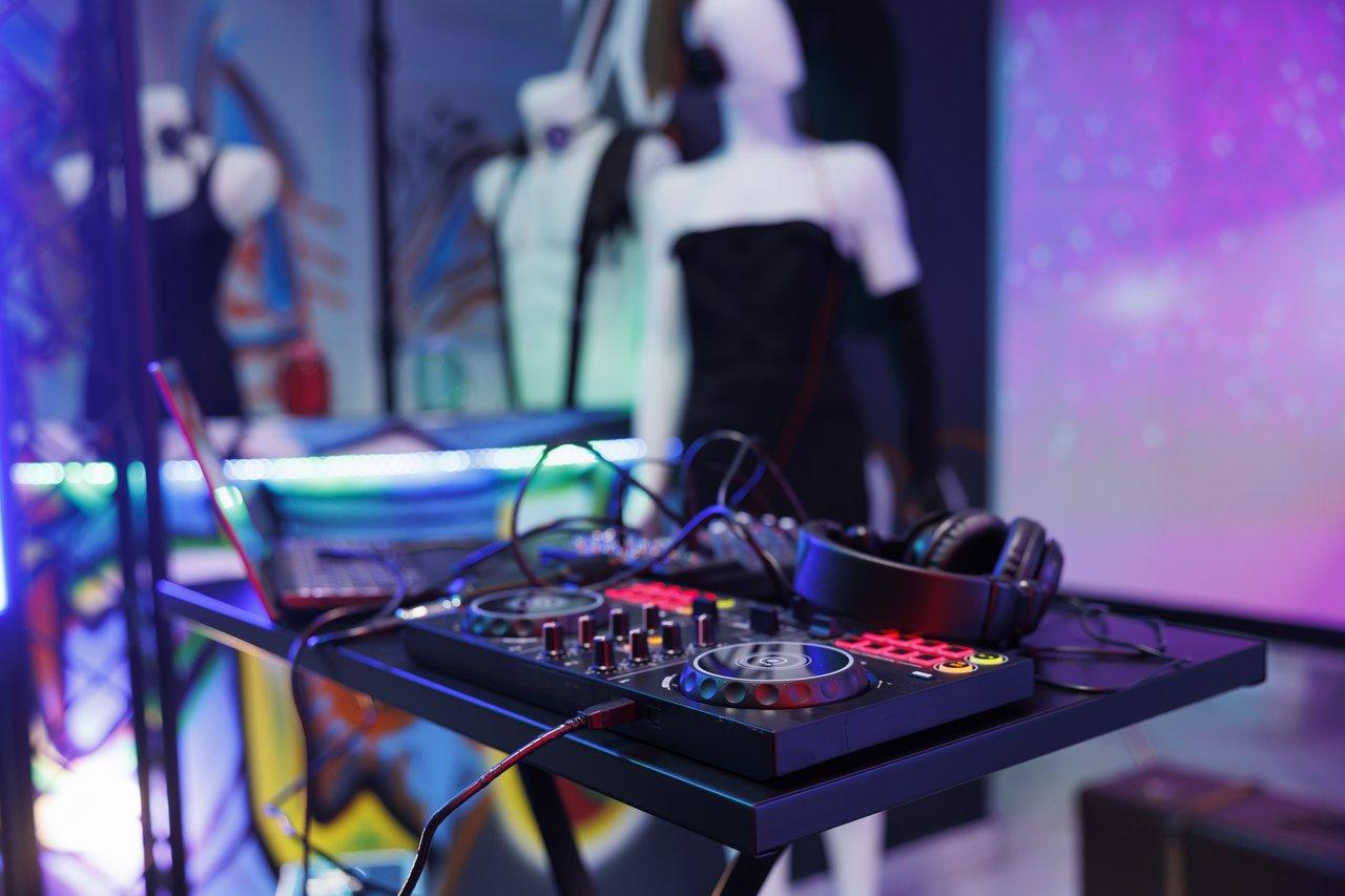 Contrôleur DJ RGB pads pour concert électro, idéal pour des performances en club sombre et lumineux.