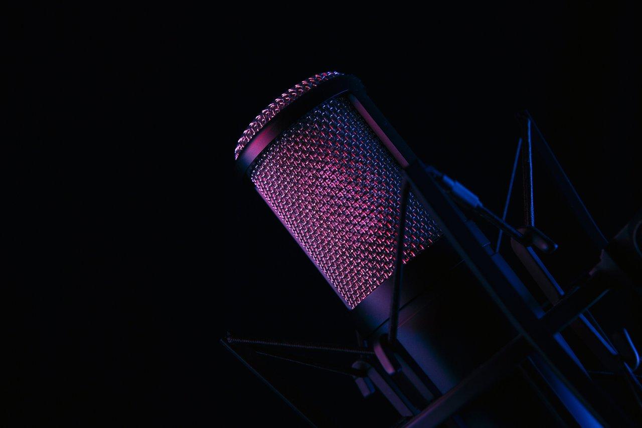 Microphone dynamique sur pied dans un home recording studio avec isolation acoustique optimale.