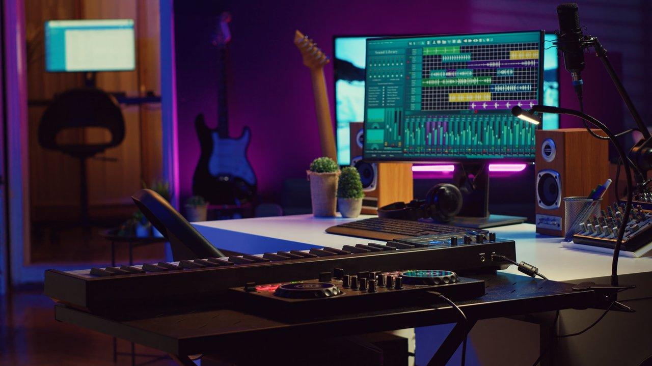 Studio de musique moderne avec interface d'IA générative et partitions manuscrites pour la production musicale.